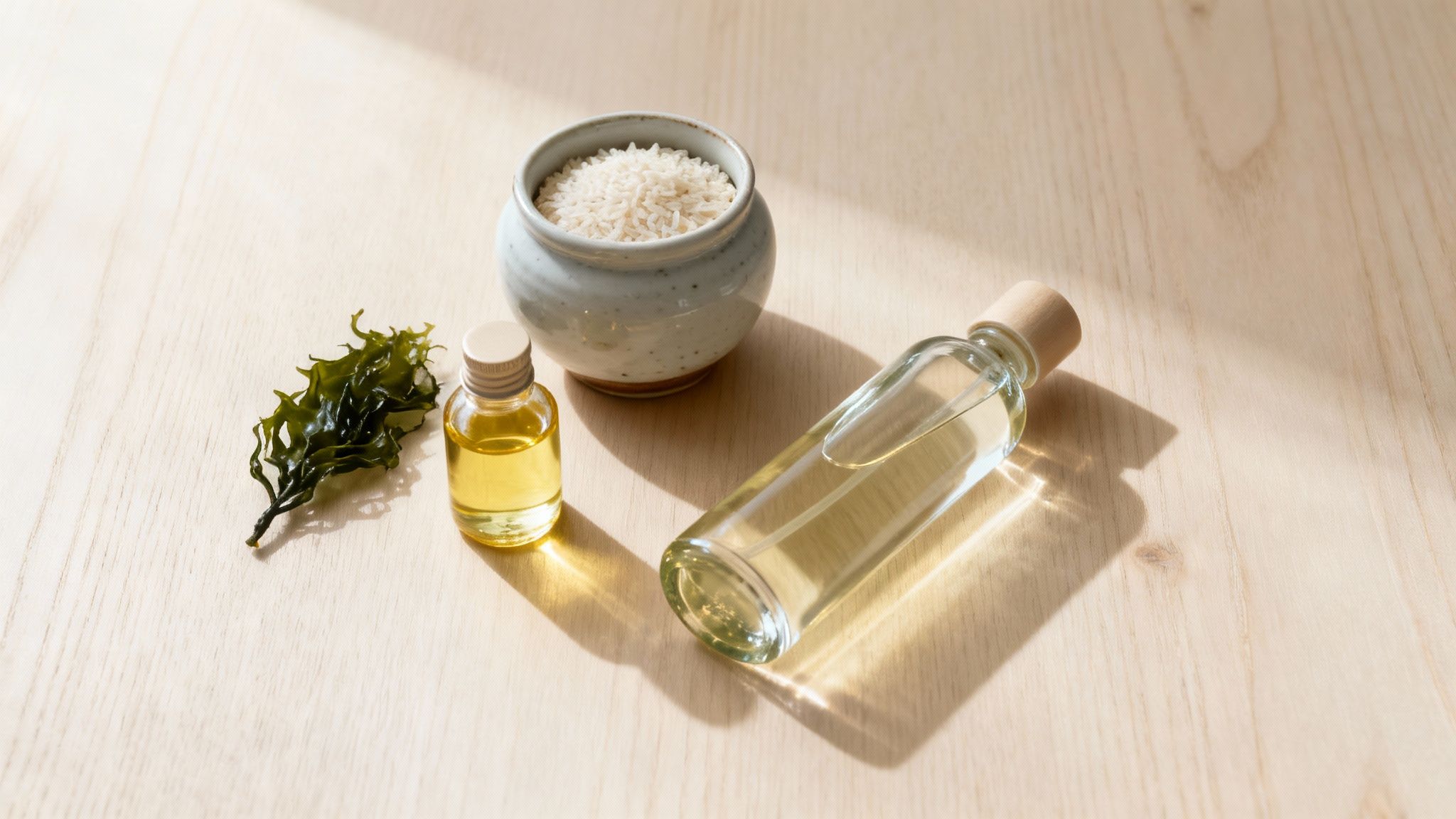 Natural ingredients like rice, seaweed, and oils on a wooden table, good for hair.