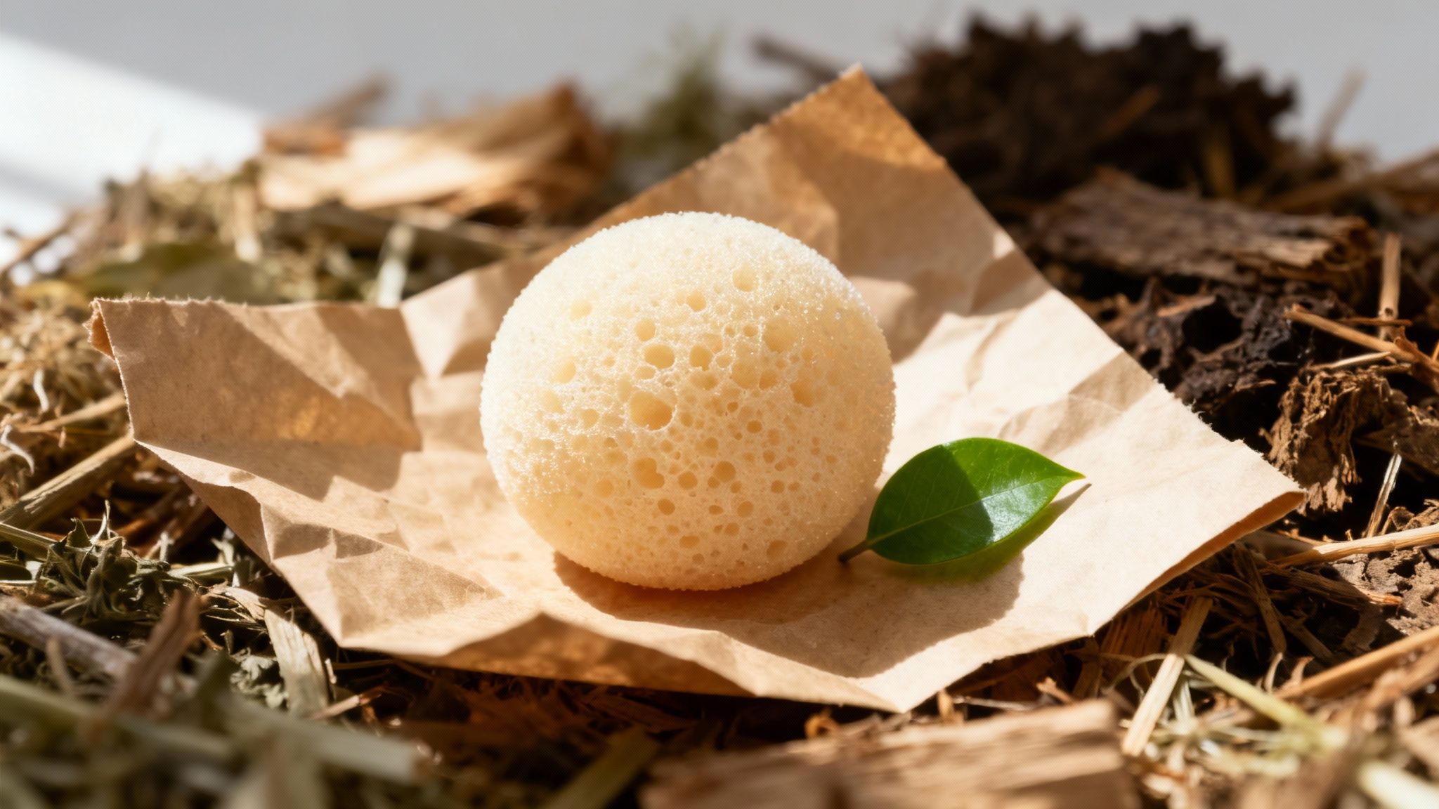 A porous konjac sponge and a fresh green leaf rest on crumpled brown paper amidst dry hay.