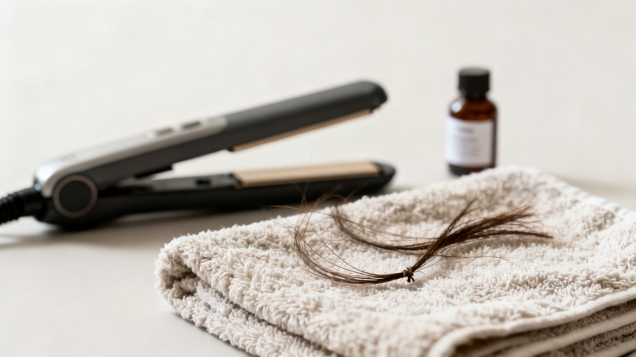 Loose hair strands on a towel with a hair straightener and a bottle of hair oil.