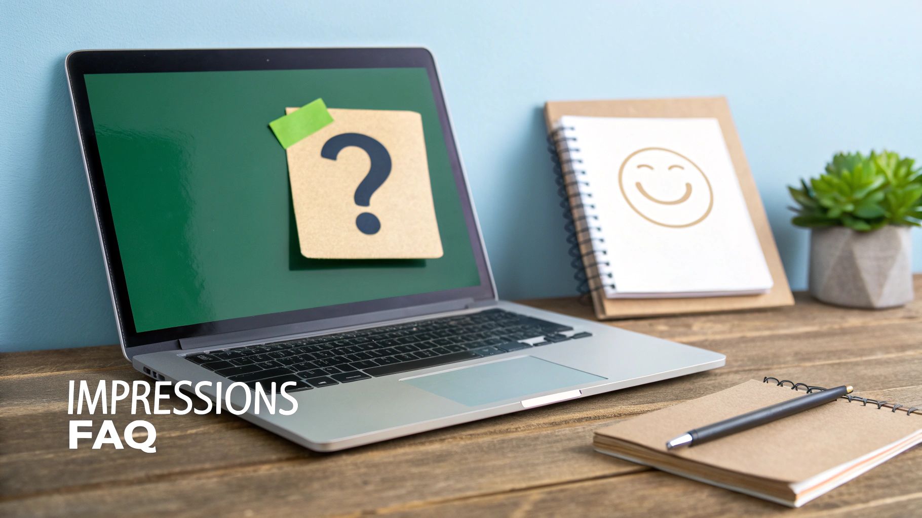 A laptop displaying a question mark sticky note on a green screen, with a notebook and pen.