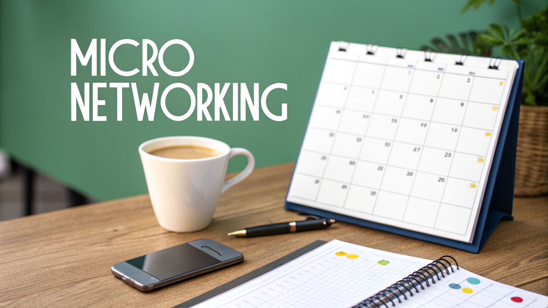 Desk setup with coffee, a calendar, phone, and notebook, displaying 'Micro Networking' text.