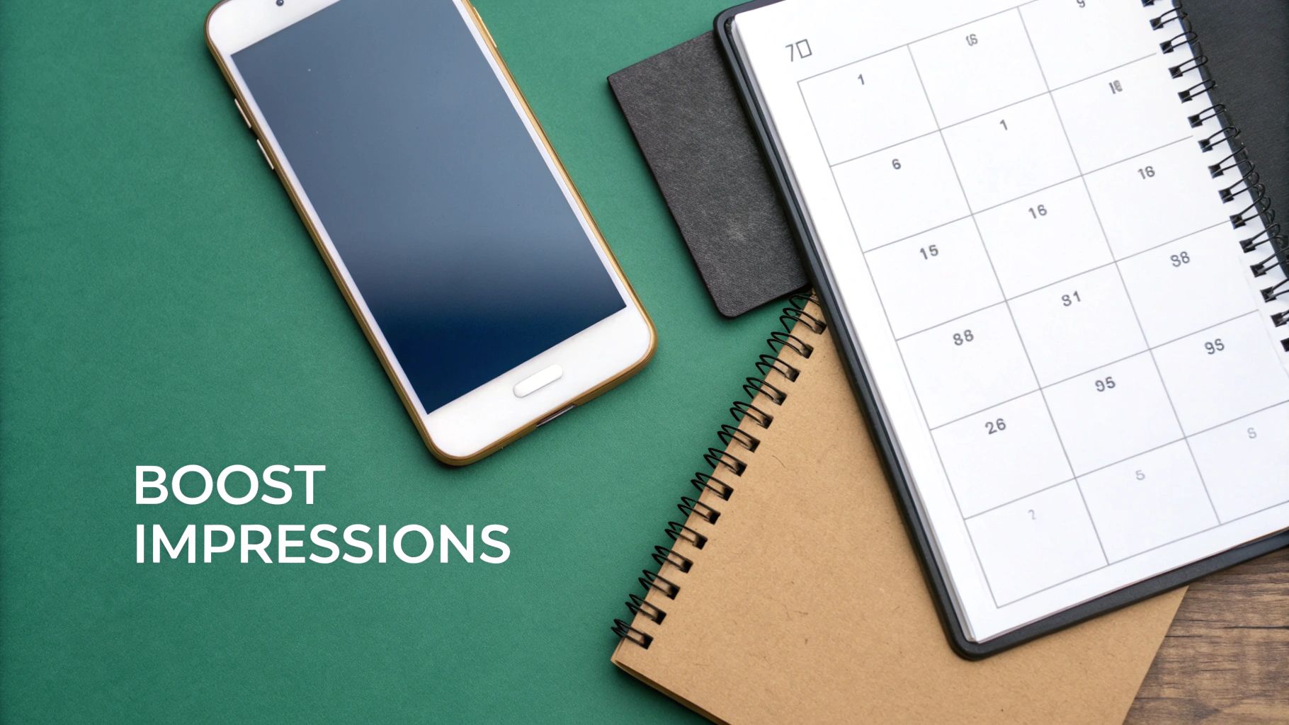 Smartphone, notebooks and calendar on desk representing social media impressions and engagement tracking