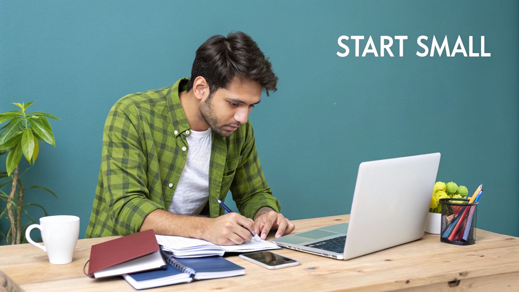 A person working on a laptop at a wooden desk with a notebook and coffee nearby