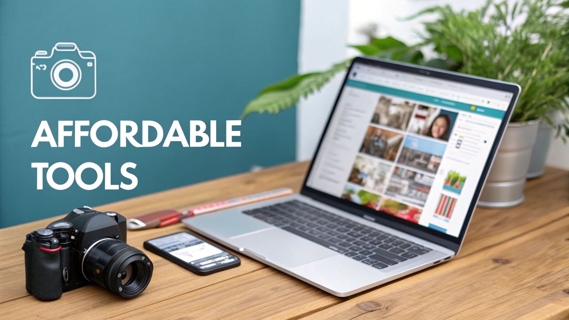 A camera, smartphone, and laptop displaying social media content on a wooden desk with "Affordable Tools" text.
