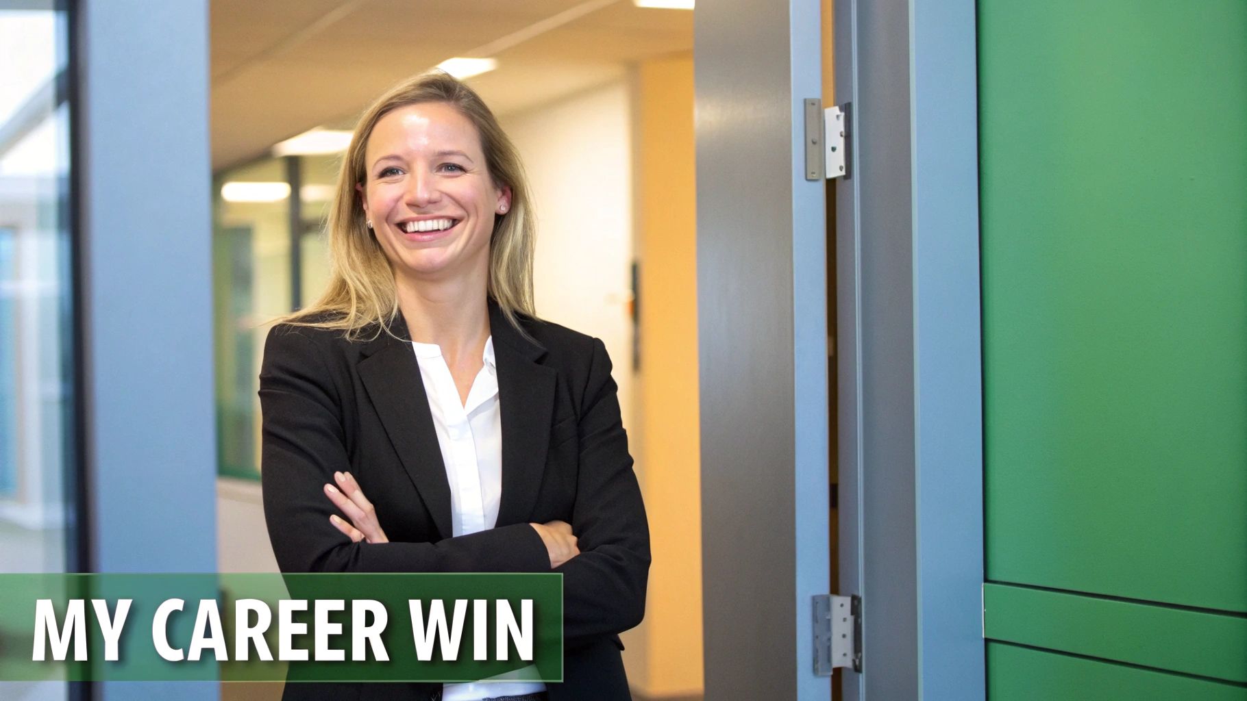 A smiling blonde woman in a black blazer stands with crossed arms in an office, with text "MY CAREER WIN".