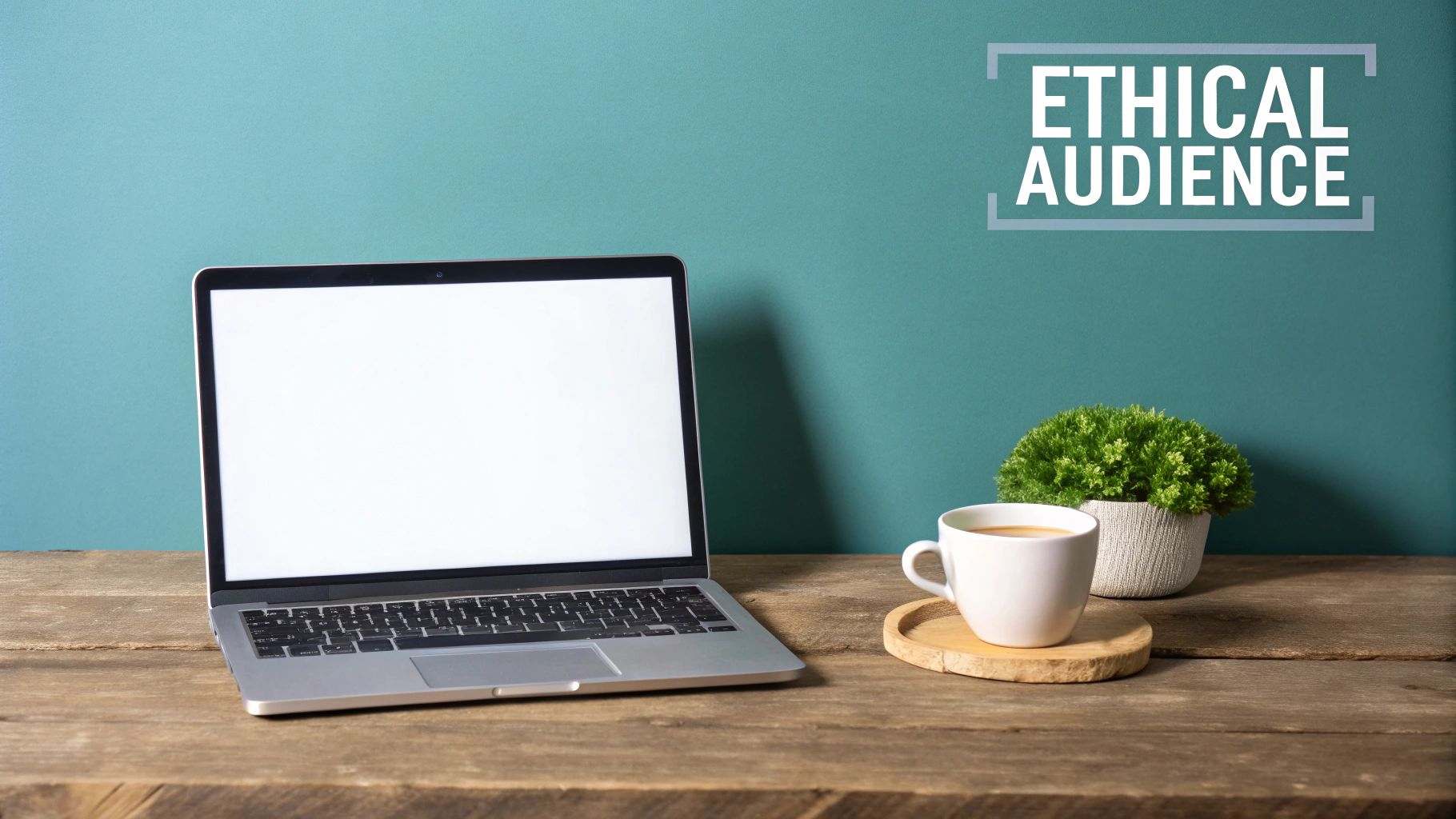 A minimalist workspace featuring a laptop with a blank screen, a coffee cup, and a plant.