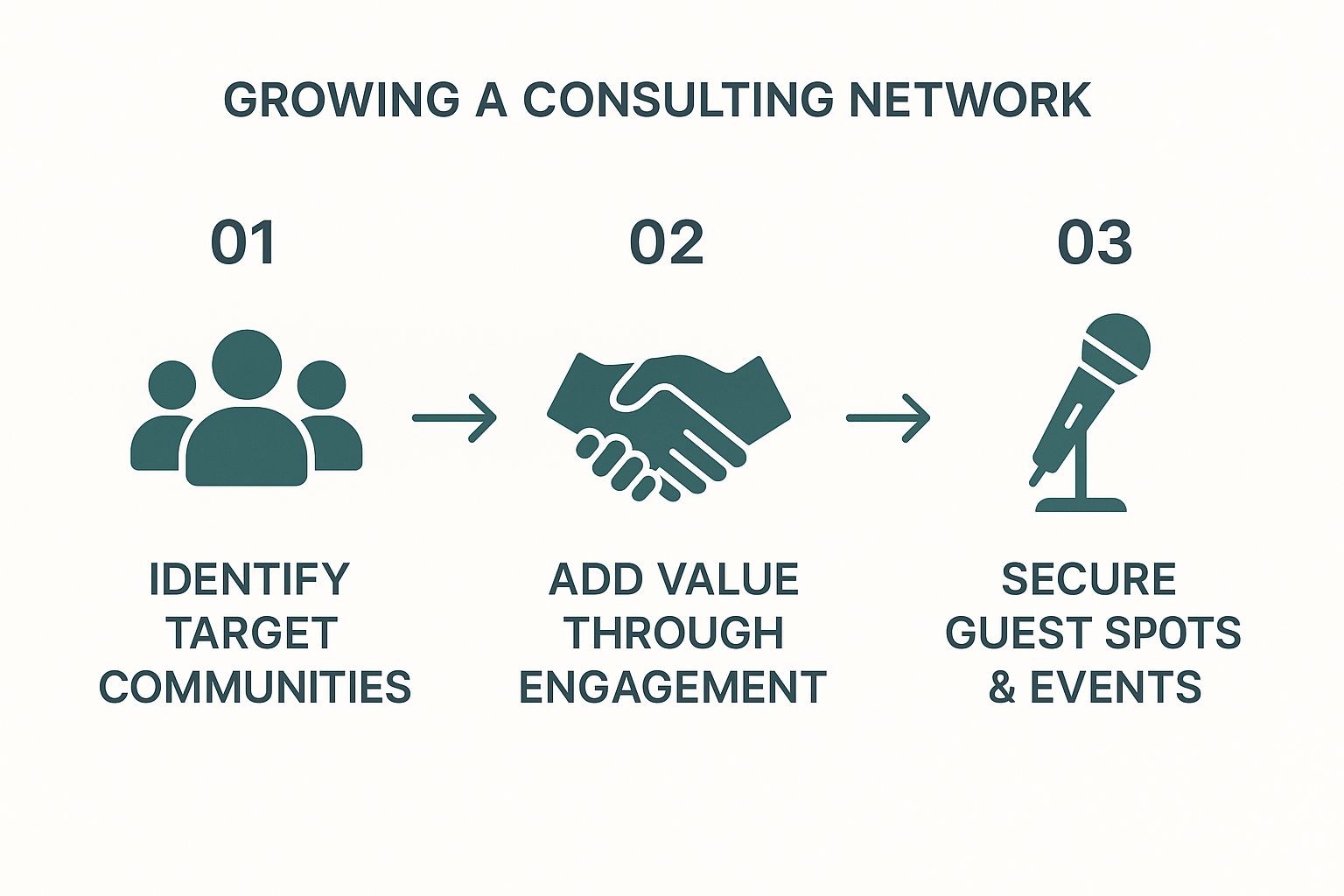 Infographic detailing the process of growing a consulting network through community identification, engagement, and seeking guest opportunities.