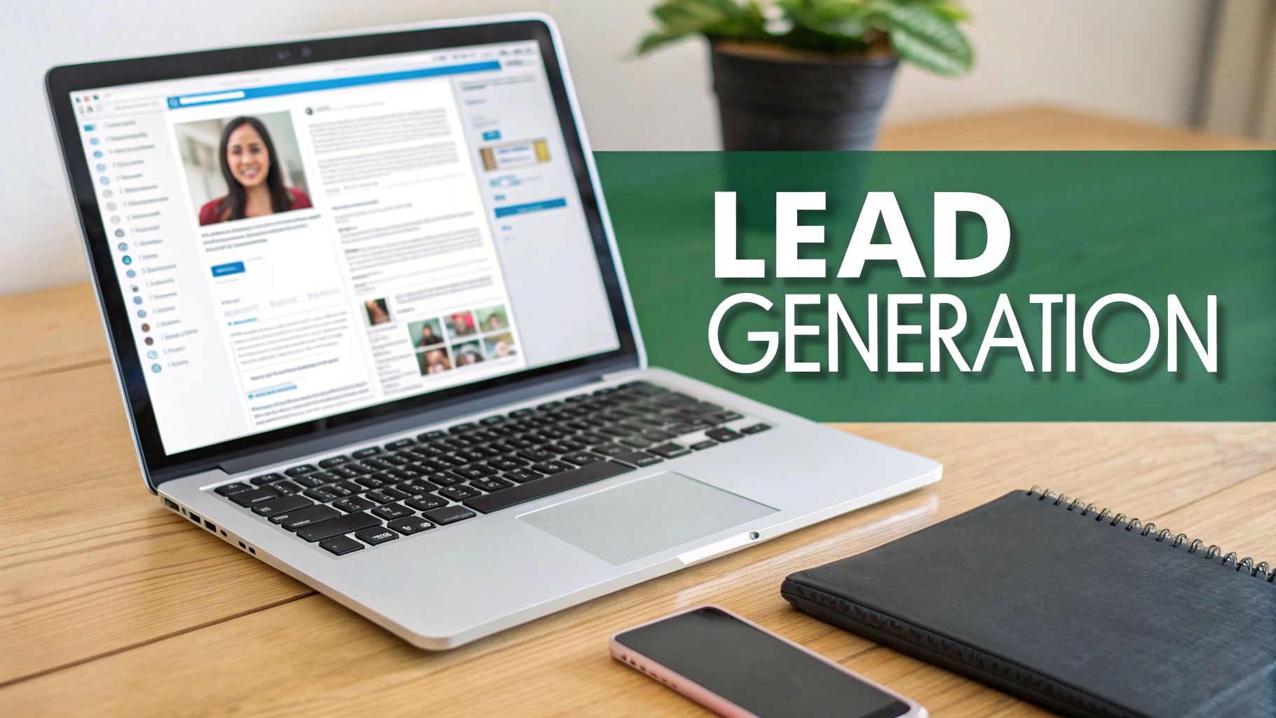 A person working on their LinkedIn content strategy on a laptop, with charts and graphs in the background.