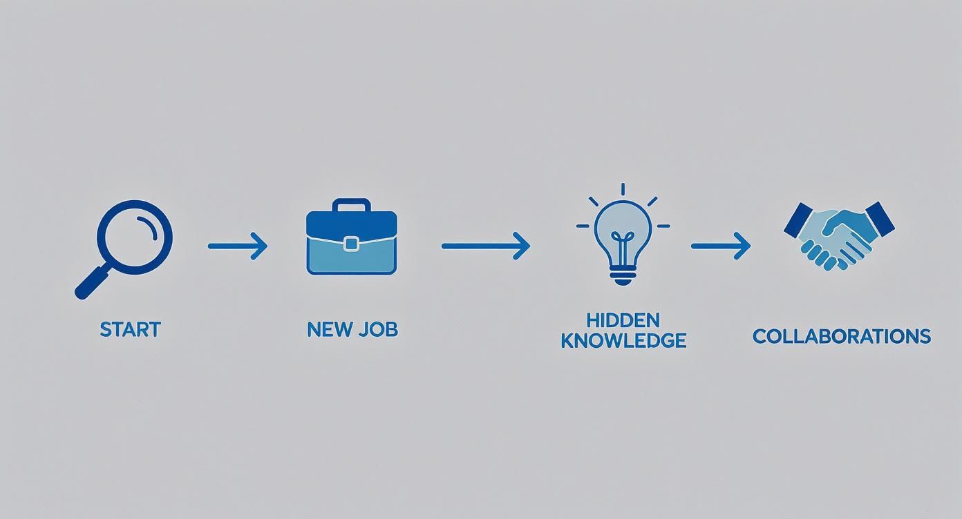 Diagram illustrating a professional journey from start to new job, gaining knowledge, and fostering collaborations.