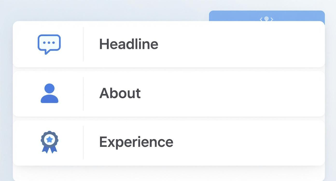 Infographic showing three key elements of an educator's LinkedIn profile: Headline, About, and Experience, each with a corresponding icon.