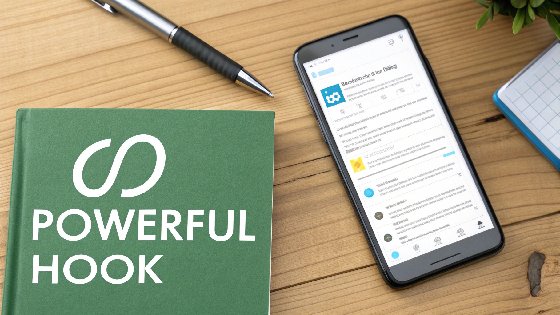 A green book titled 'POWERFUL HOOK' and a smartphone displaying a social media feed on a wooden desk.