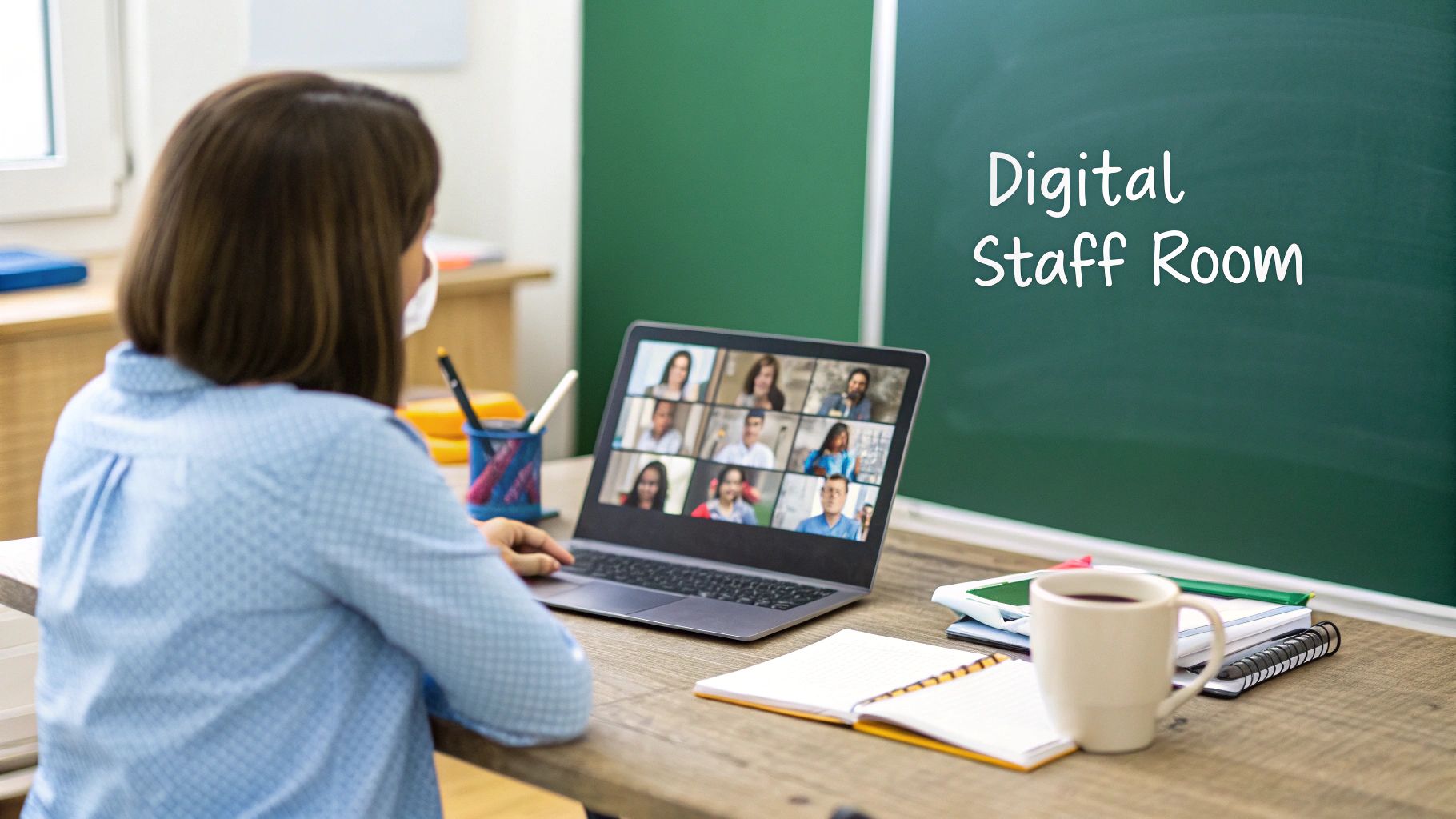 A group of educators collaborating and networking in a modern, bright space, representing a digital community.