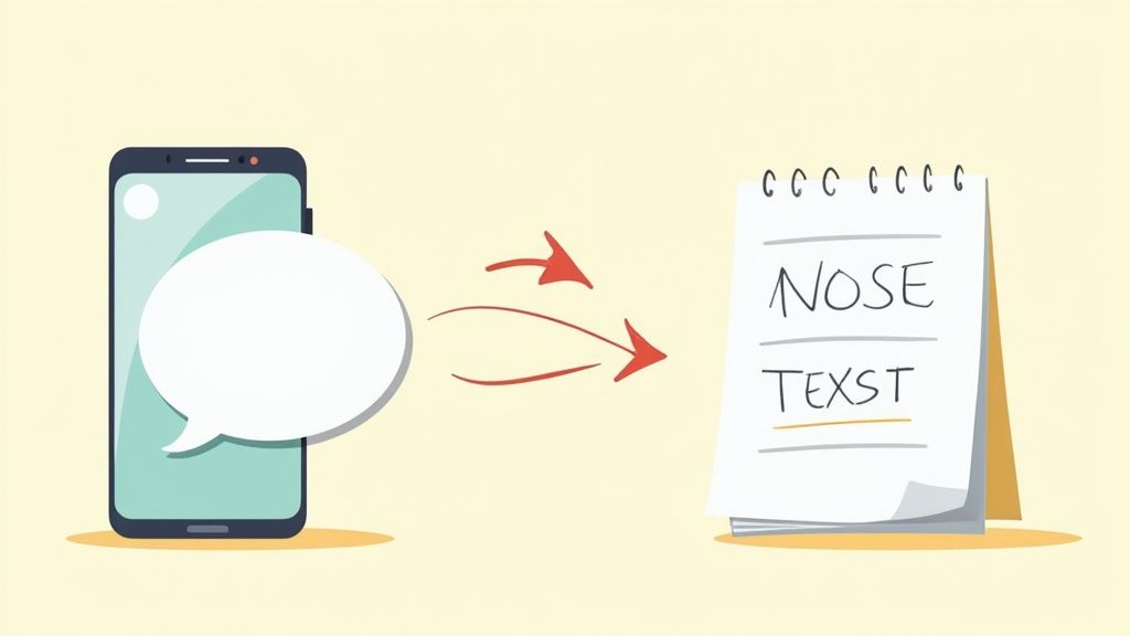 A person speaking into their smartphone, with sound waves transforming into text on a screen, illustrating the speech-to-text process.