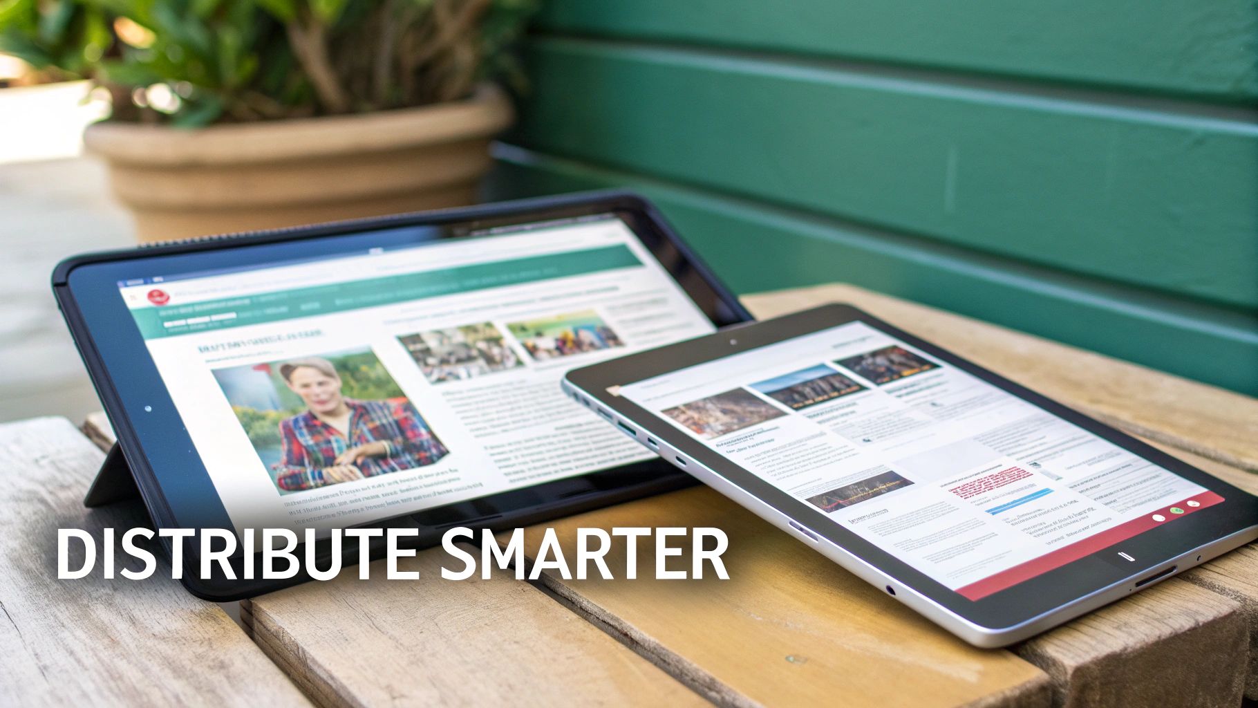 A person sharing a digital post on a phone, with connection lines radiating outwards to other devices