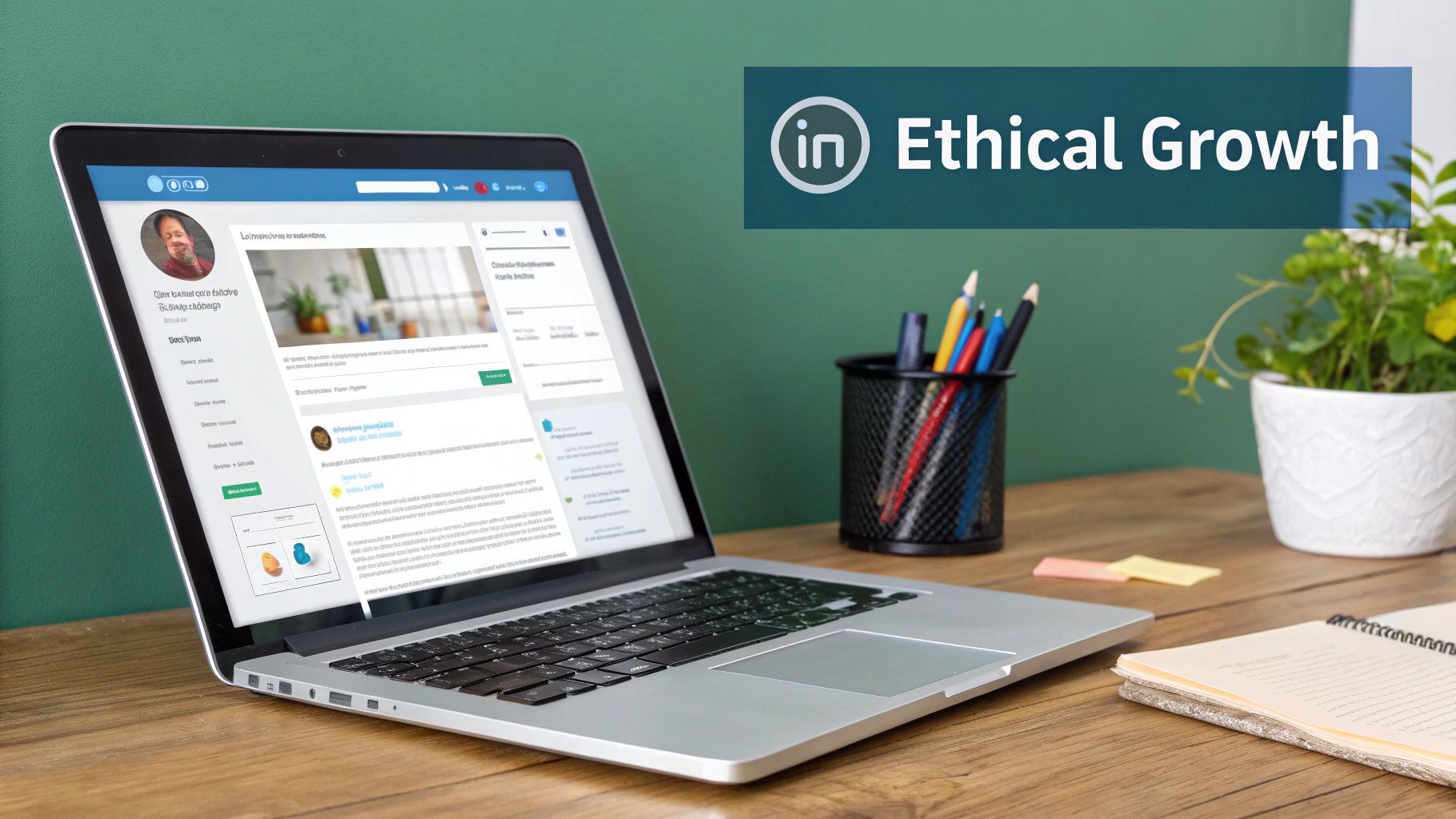 A laptop on a wooden desk displaying a social media profile, with a pencil holder, plant, and notebook, under an 'Ethical Growth' banner.