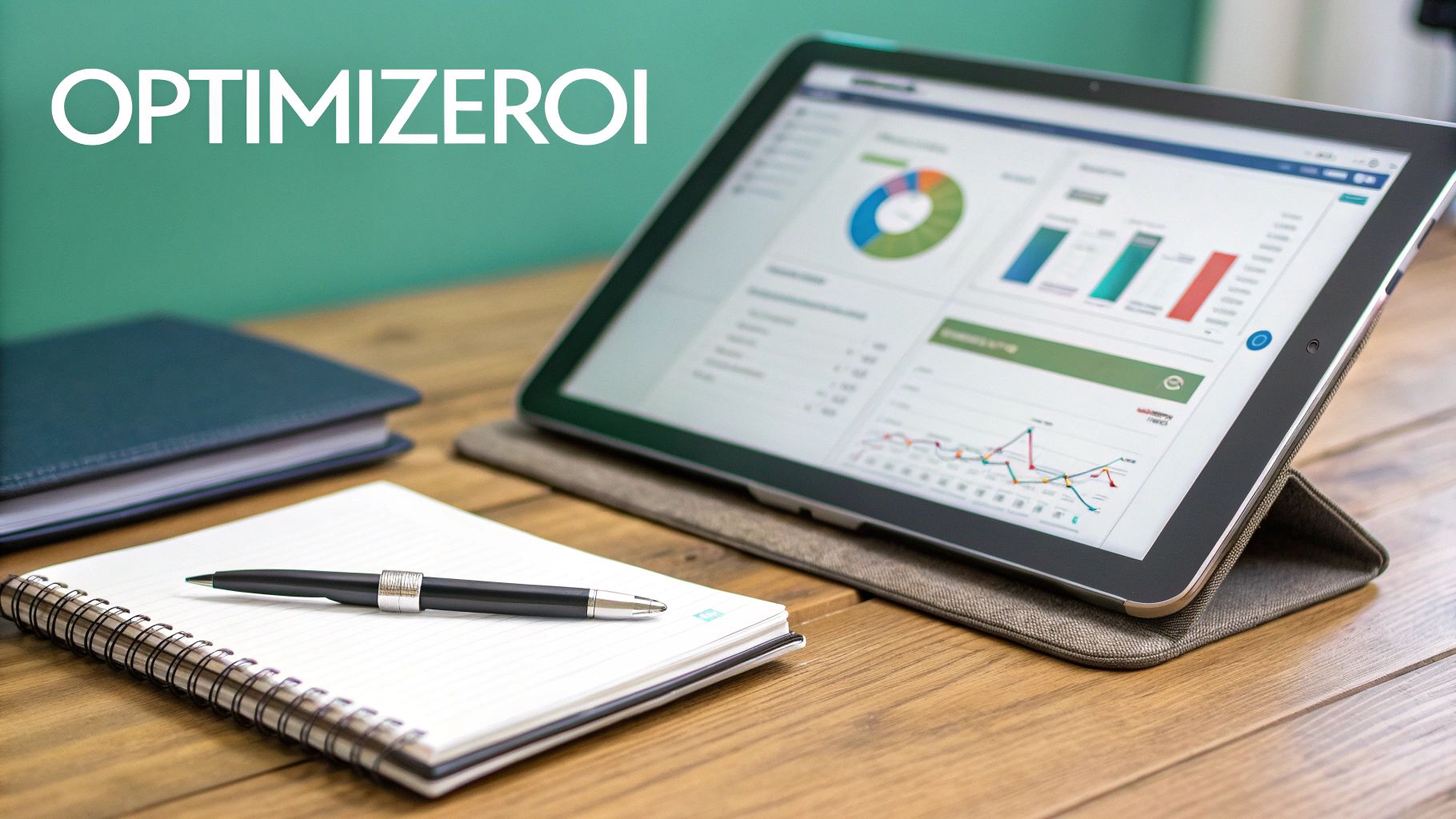 A tablet displaying business analytics charts and graphs, with a notebook and pen on a wooden desk.