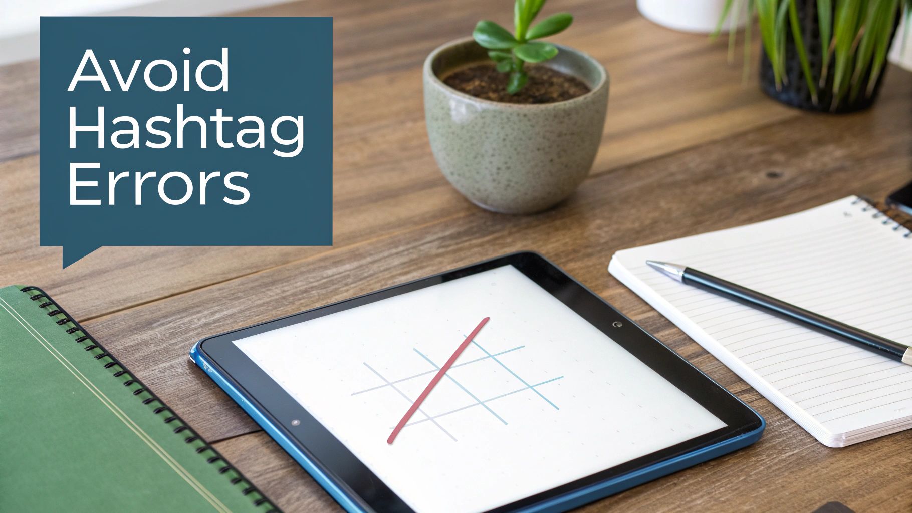 A person looking at a social media post with red X marks over common hashtag errors, symbolizing what to avoid on LinkedIn.