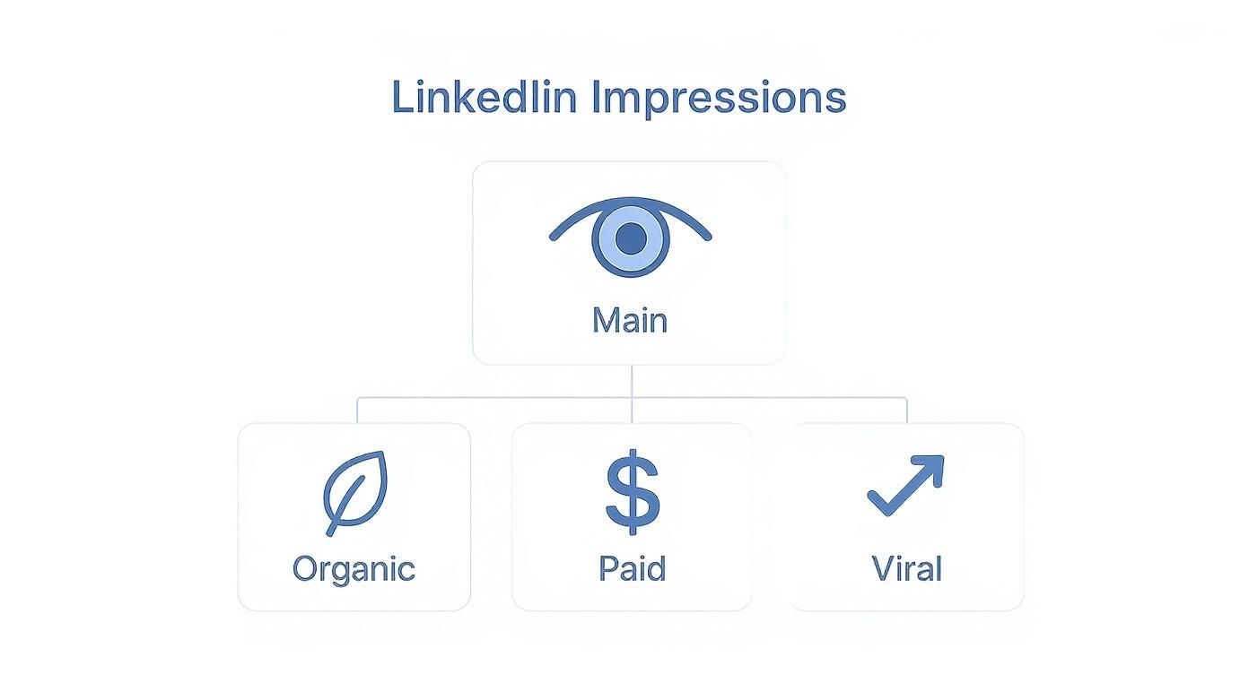 LinkedIn impressions diagram showing main category branching into organic, paid, and viral impression types