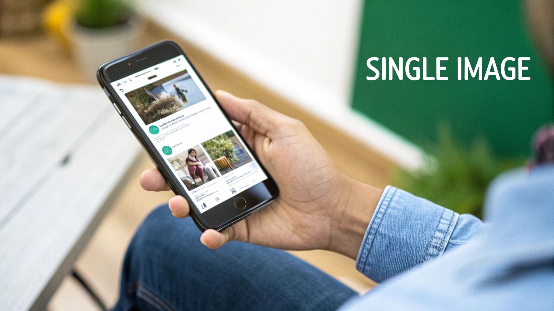 A person holds a black smartphone showcasing a social media feed, in an indoor setting.