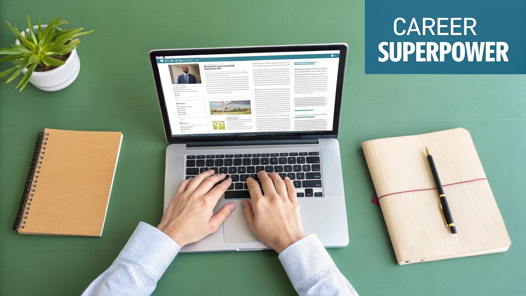 Overhead shot of a person typing on a laptop, displaying a career profile, on a green desk.