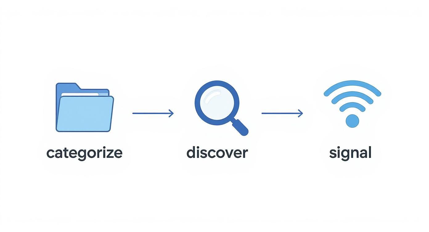 Infographic showing a three-step process for LinkedIn hashtags: Categorize, Discover, and Signal