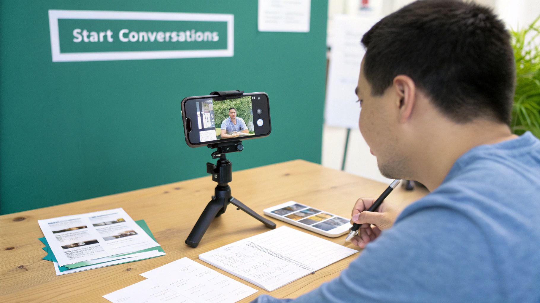 A person writing in a notebook at a coffee shop, brainstorming creative ideas for social media content.