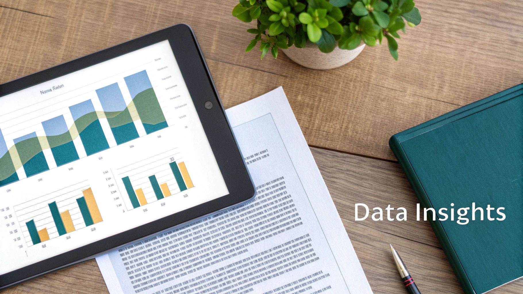 Flat lay of a desk with a tablet displaying data insights, documents, a pen, and a plant.