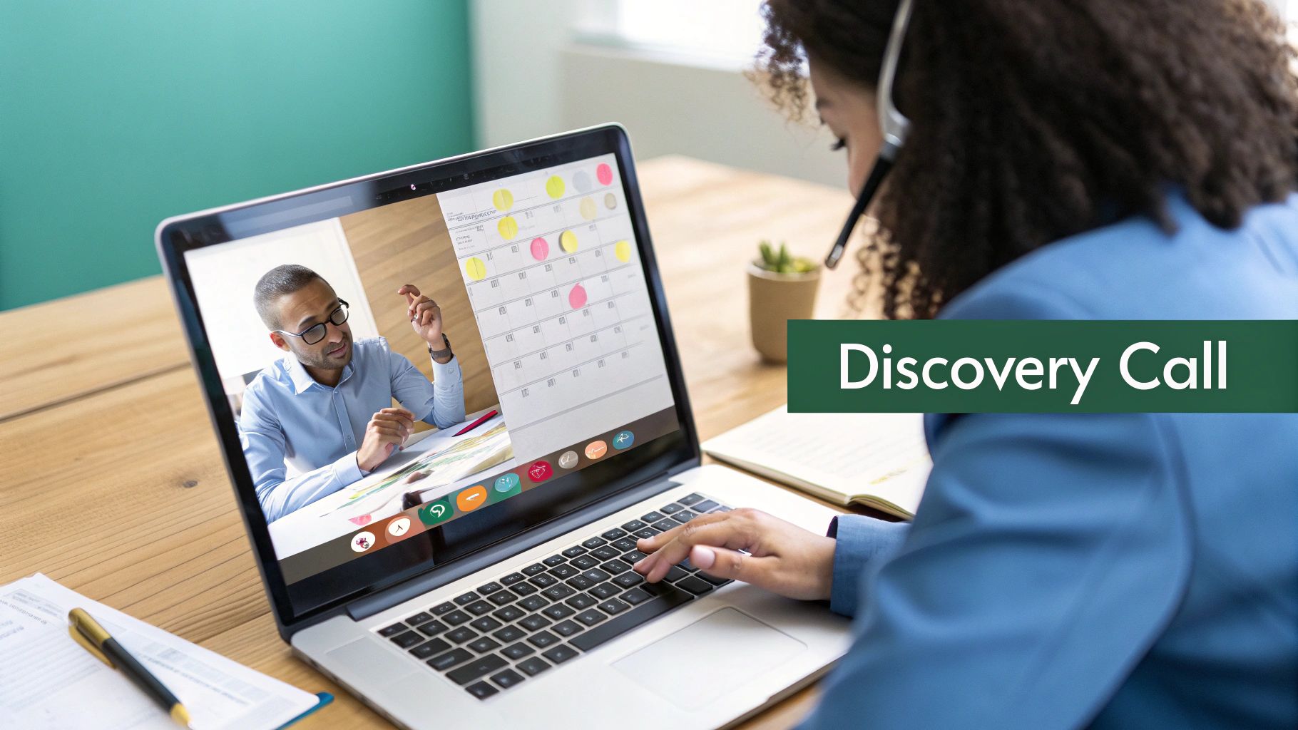 A professional guiding another through a conversation on a laptop