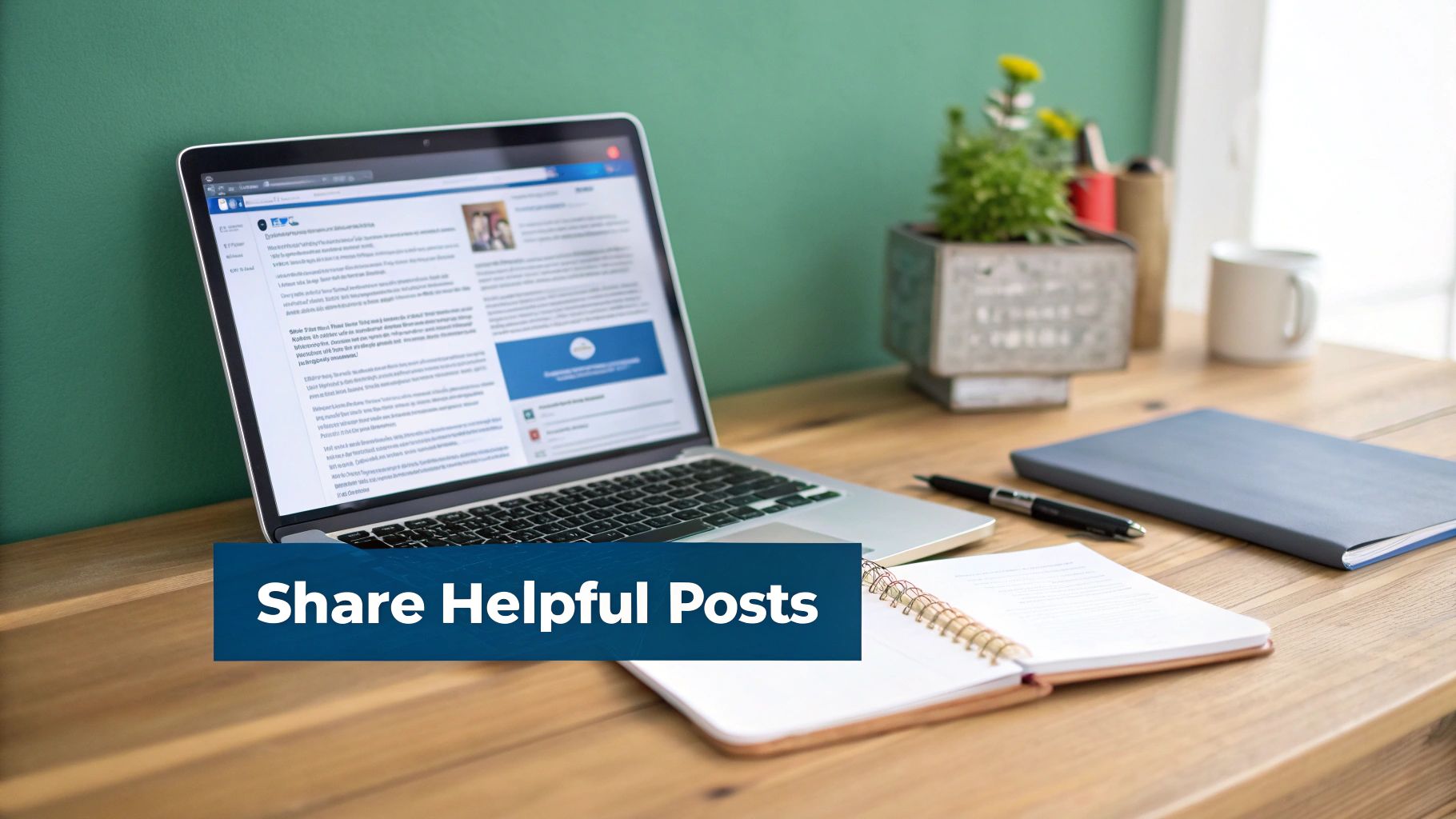 Laptop displaying professional content on wooden desk with notebook and plant, encouraging social sharing