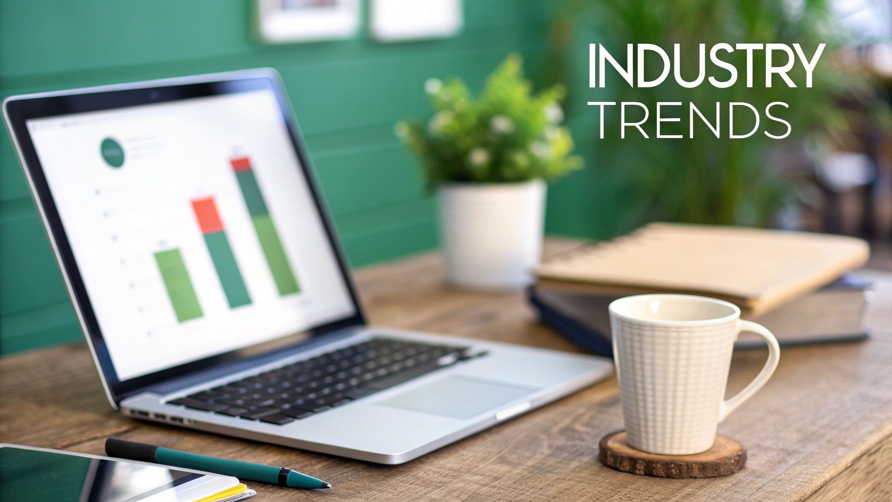 Laptop displaying charts and 'INDUSTRY TRENDS' text on a wooden desk with a mug and plant.