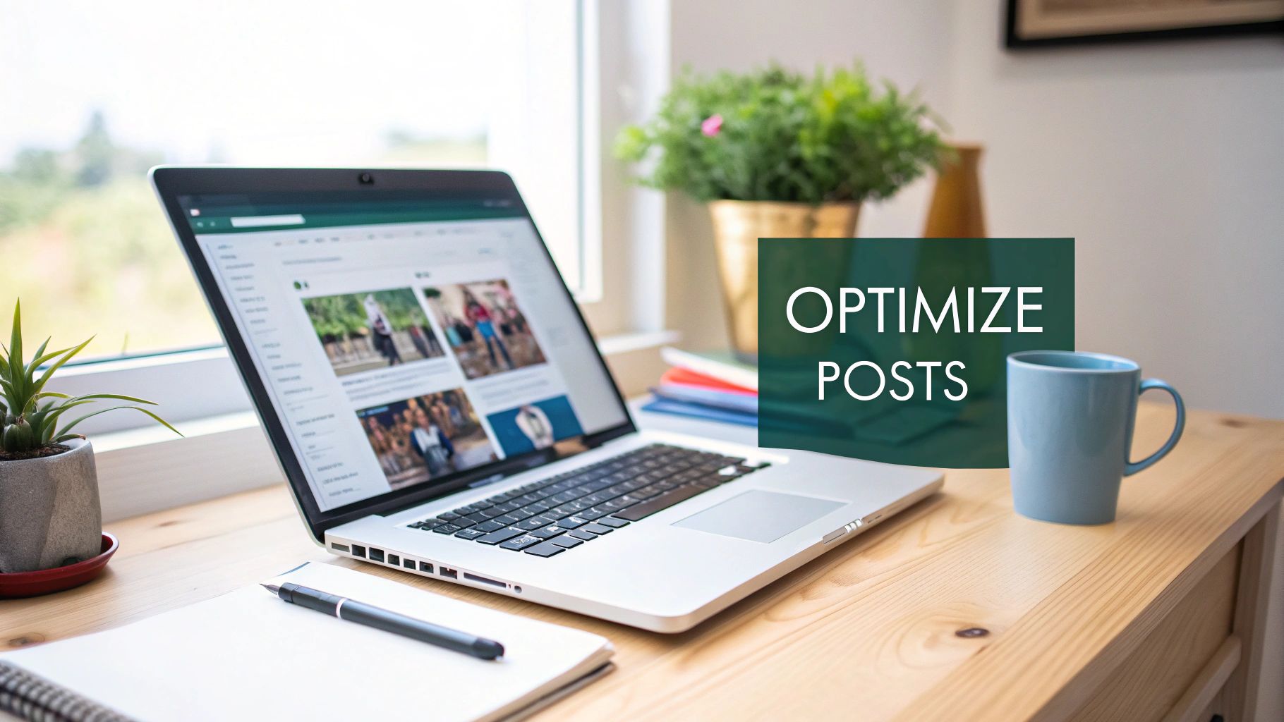A laptop displaying social media content on a wooden desk with text "OPTIMIZE POSTS", ideal for content creation.