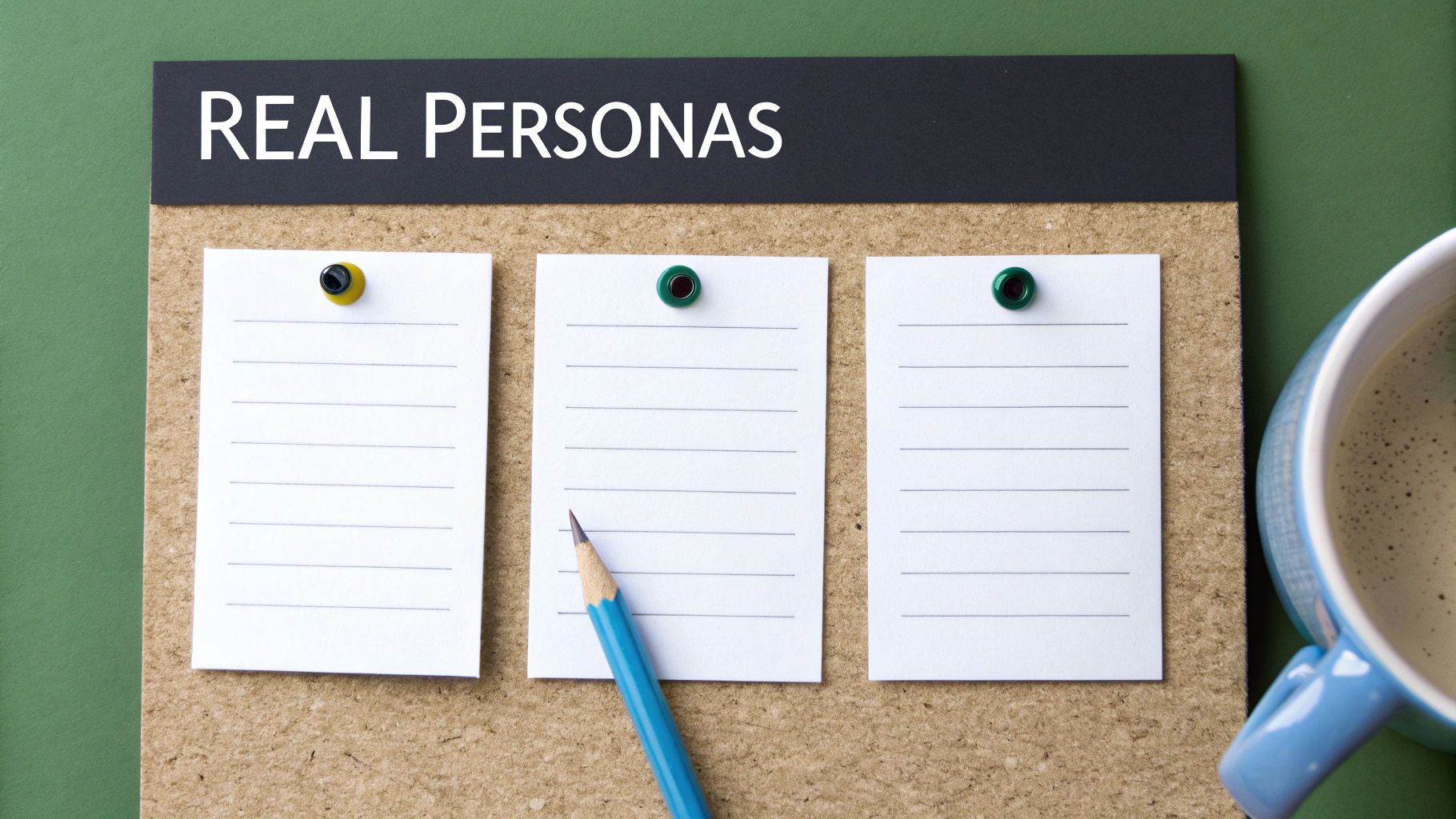 A cork board with 'REAL PERSONAS' title, three blank notepads, a pencil, and a coffee mug, for persona development.