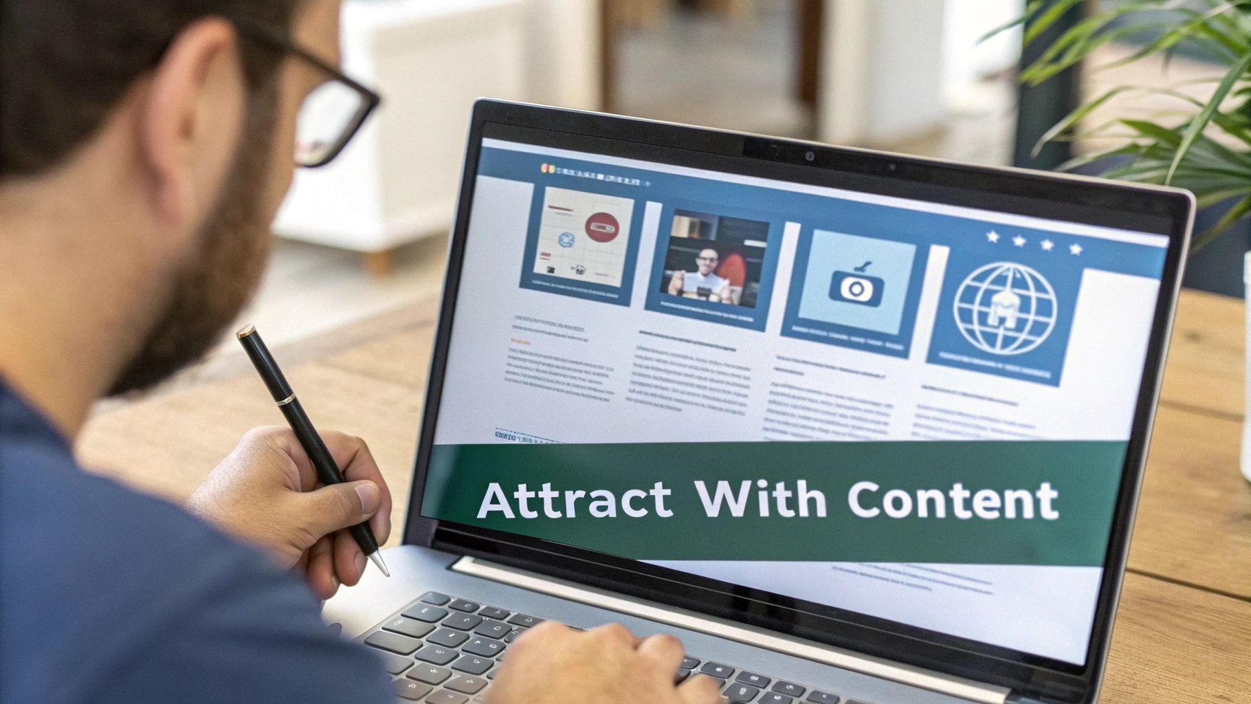 Man with glasses working on a laptop, focusing on a webpage with an 'Attract With Content' banner.