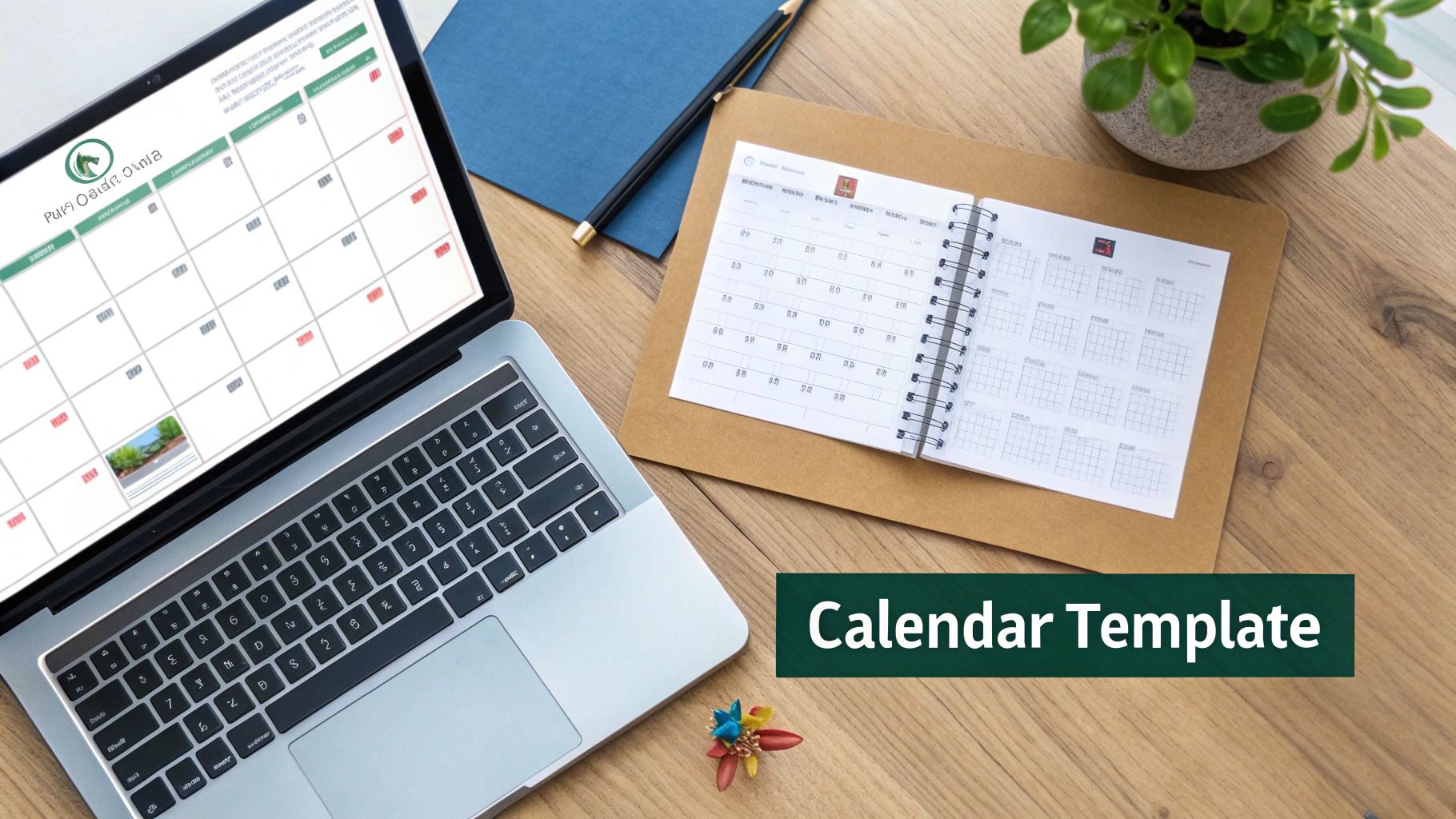 A top-down view of a laptop and a physical planner on a wooden desk, both displaying calendar templates.