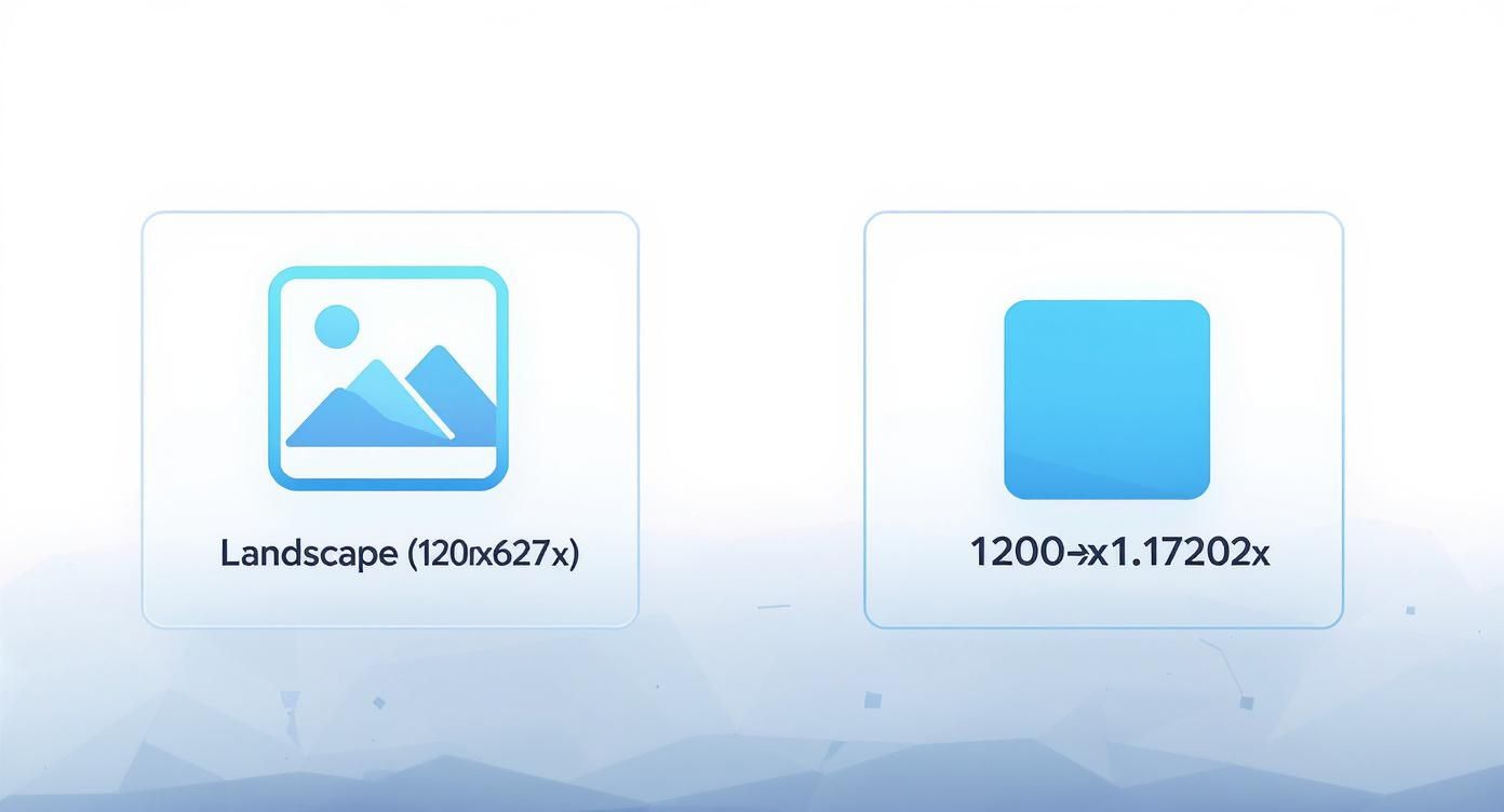 Two blue gradient cards displaying LinkedIn post image size options: landscape format and square format dimensions