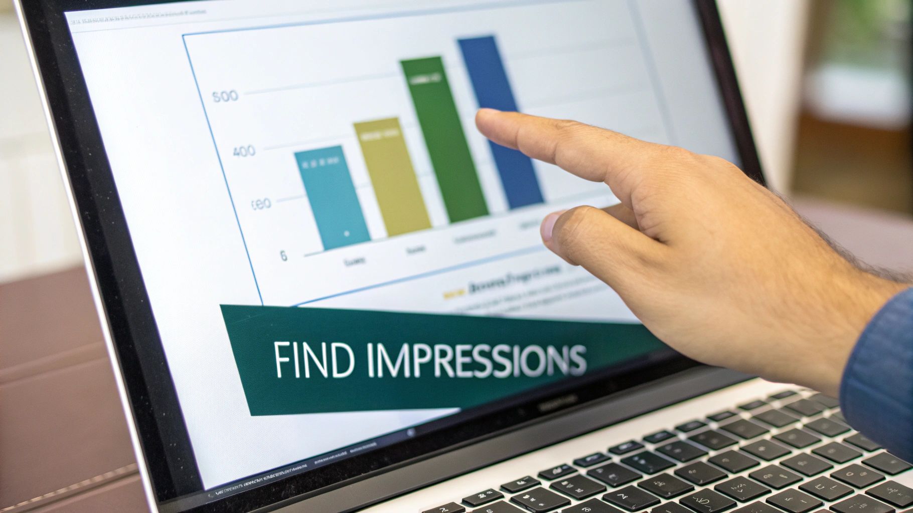 Person pointing at colorful bar chart showing social media analytics and impression data on laptop screen