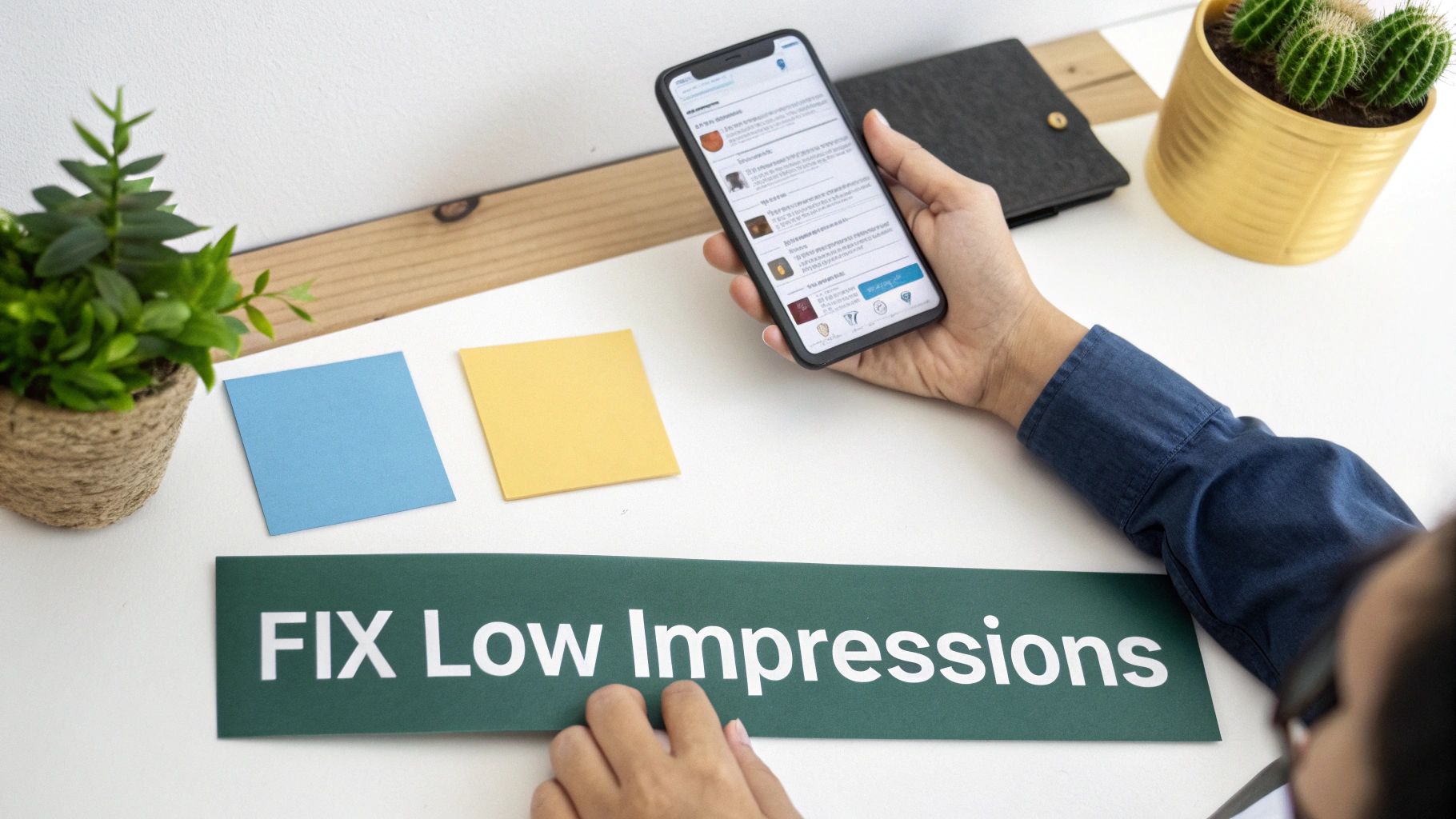 A person holds a smartphone displaying an app, pointing at a 'FIX Low Impressions' sign on a white desk.