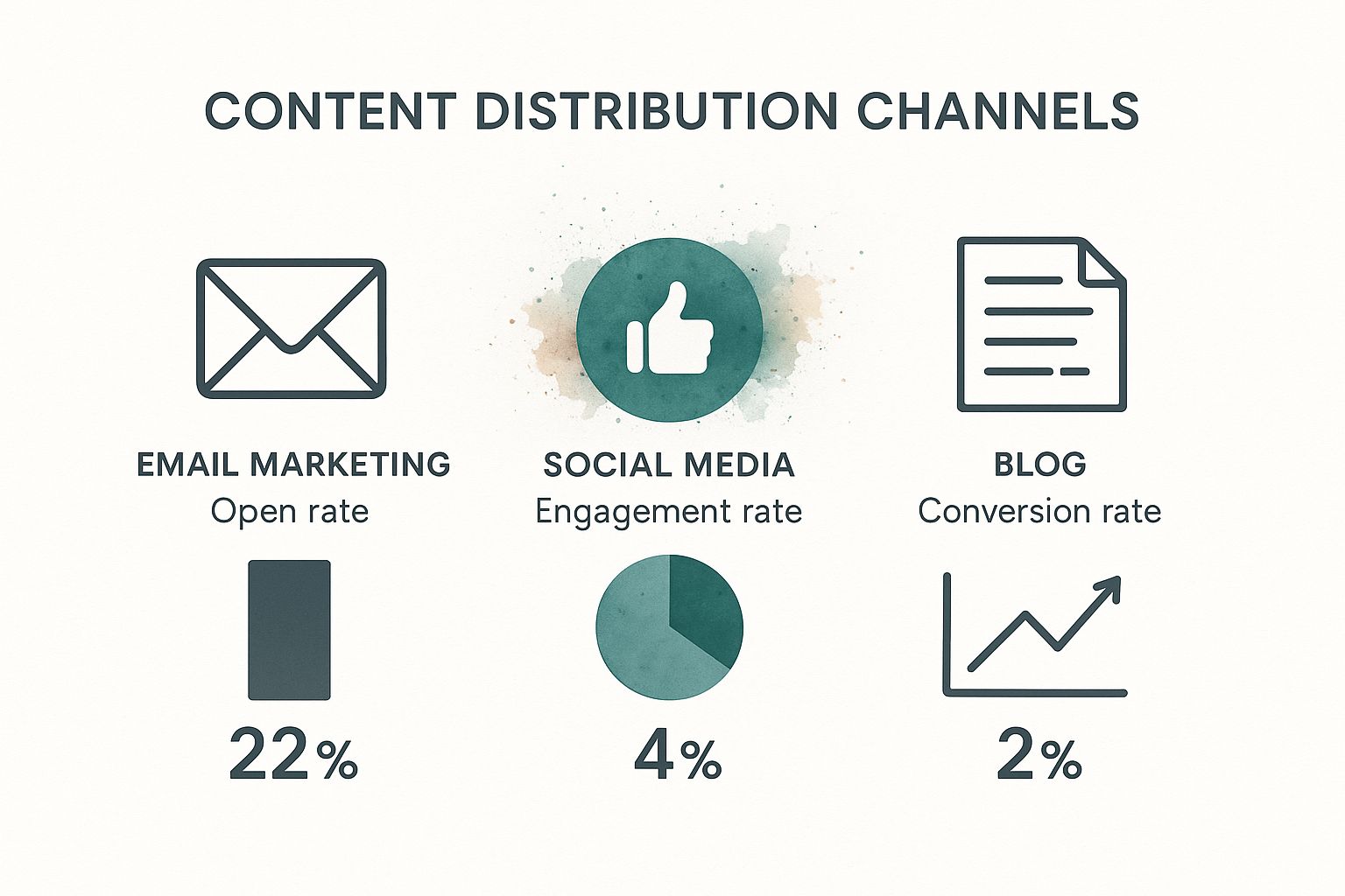 Infographic comparing content distribution channels, showing Email marketing open rate at 22%, Social media engagement rate at 4%, and Blog conversion rate at 2%.