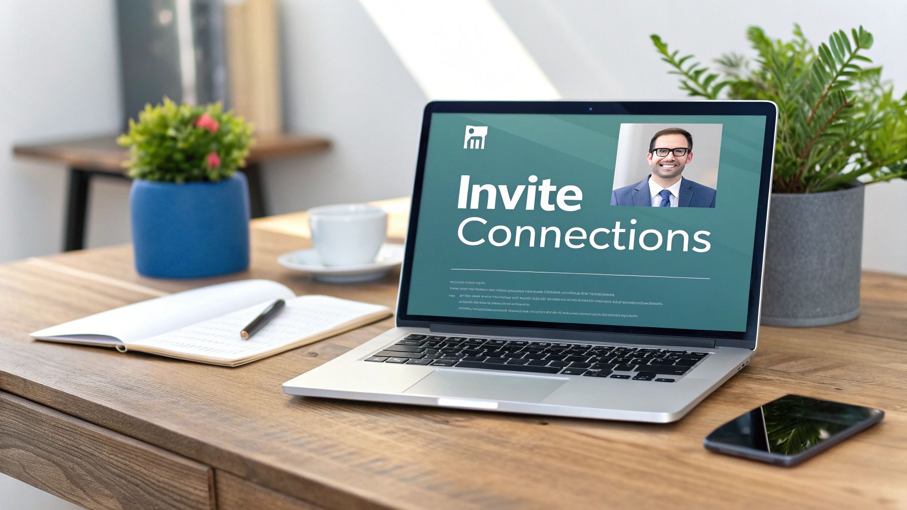 A laptop displaying 'Invite Connections' with a man's profile picture on a wooden desk with a notebook, pen, cup, and plants.