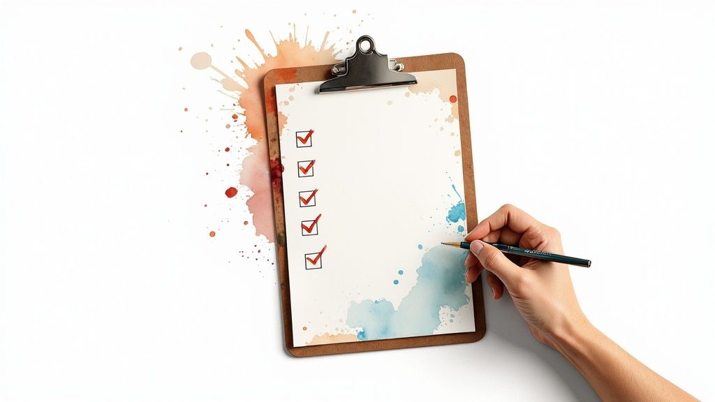 A person listening intently to another person across a table, taking notes, illustrating the process of gathering content ideas from client conversations.