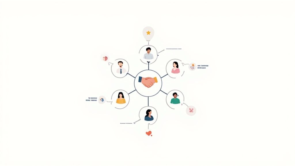 A diverse group of professionals networking and collaborating in a modern office space.