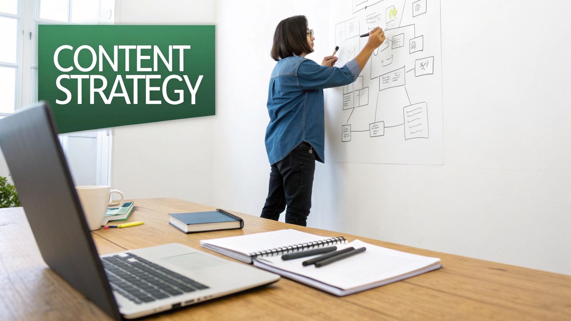 A woman sketches content strategy on a whiteboard with a laptop and notebooks on a desk.
