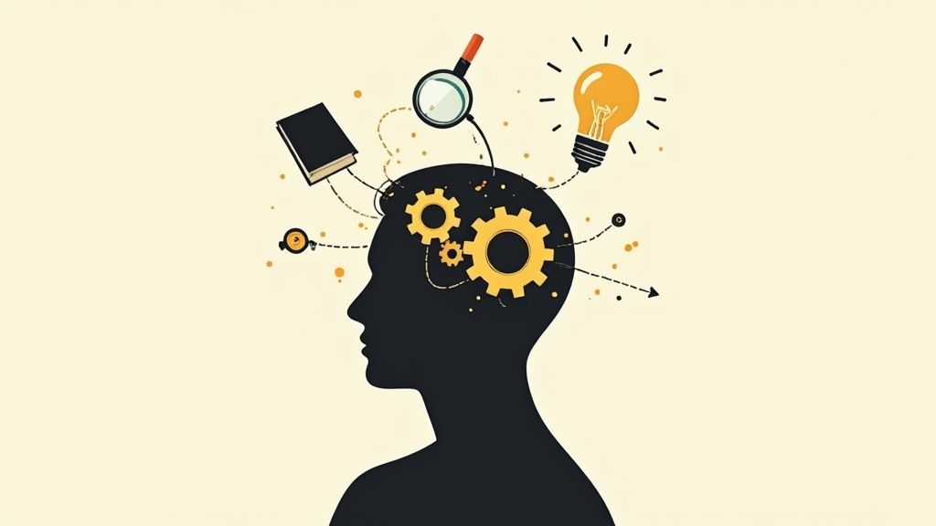 A person at a desk sketching out ideas in a notebook with a lightbulb graphic nearby, representing the start of the creative process.