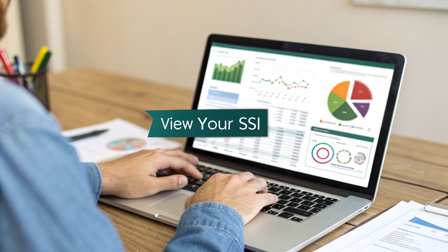 A person views data analytics and their Social Selling Index (SSI) on a laptop.
