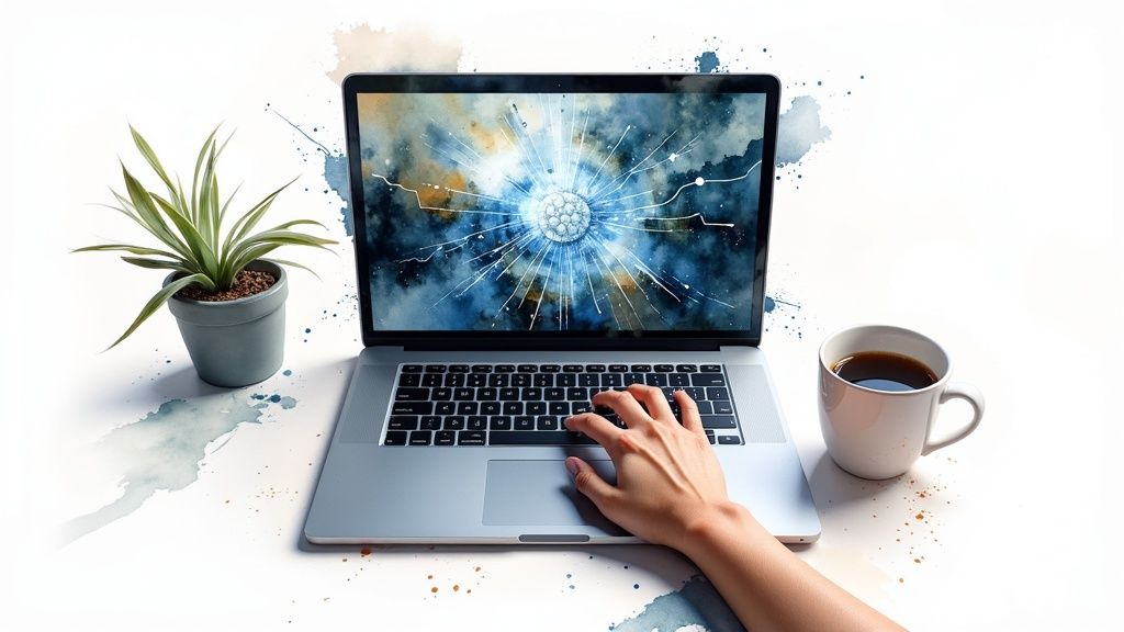 A consultant sitting at a clean desk, using a laptop and a tablet simultaneously, with minimalist icons for AI, design, and scheduling floating around them.
