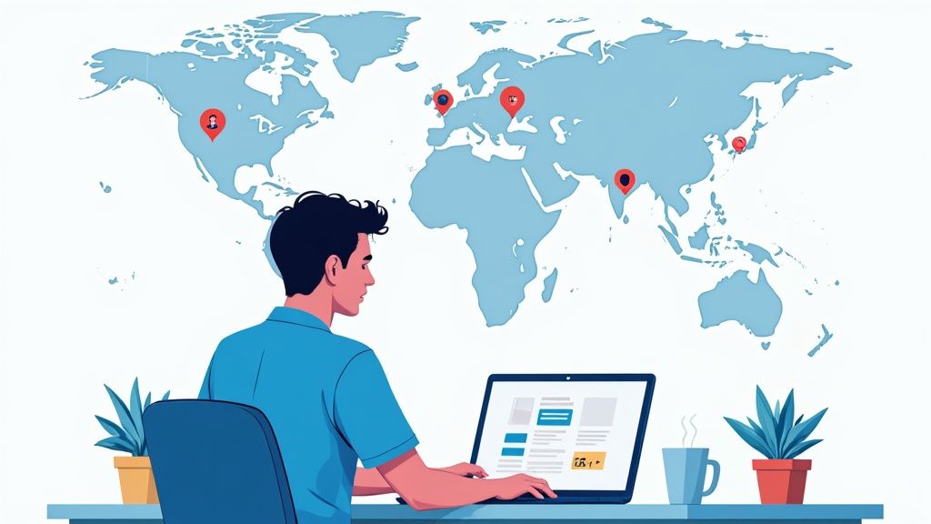 A person sitting at a desk with a world map in the background, networking on a laptop