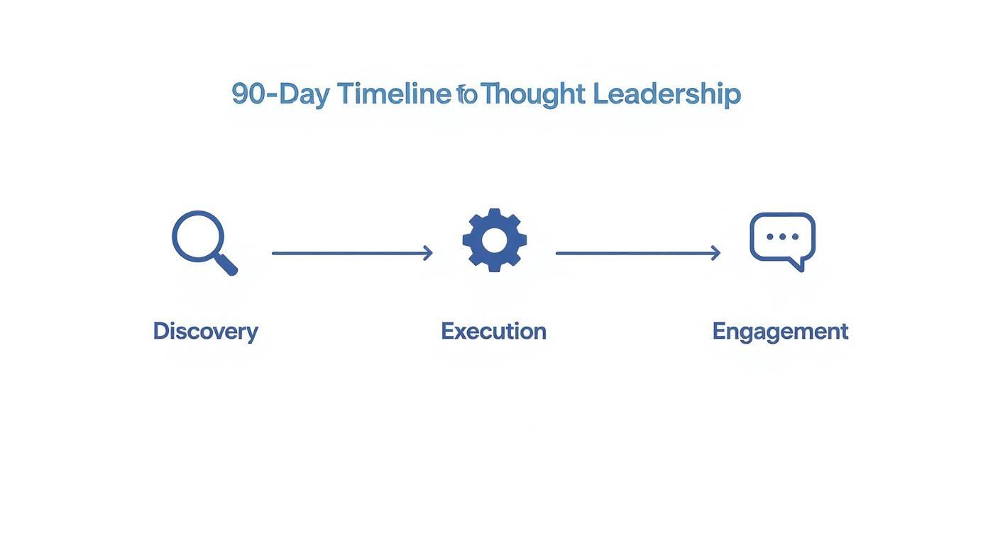 Three-stage diagram showing discovery, execution, and engagement phases for becoming a thought leader