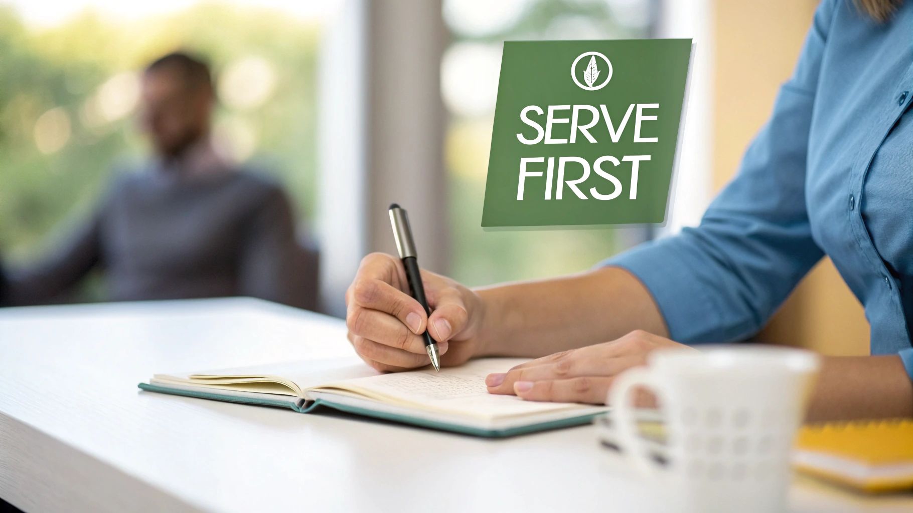 Person writing in notebook with serve first sign promoting leadership and service mindset