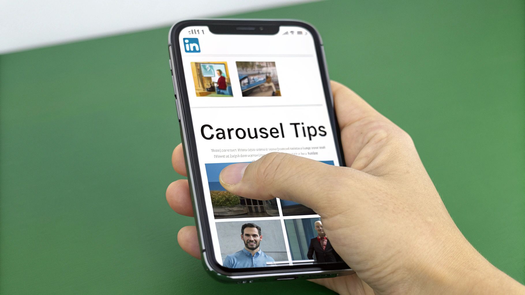 Hand holding a smartphone displaying LinkedIn carousel tips post with multiple image slides on screen