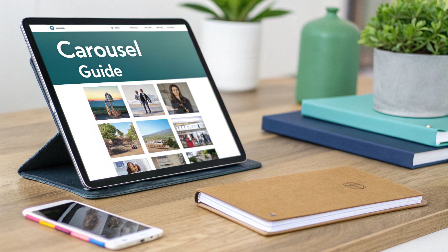 A tablet displaying a 'Carousel Guide' with various photos, alongside a smartphone, notebook, and potted plant on a wooden desk.